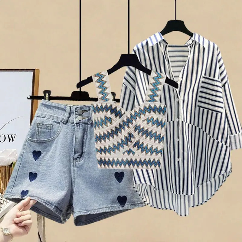 Spring Summer Striped Patchwork White Shirt Blouse Love Denim Shorts Personality Vest Three-piece Elegant Womens Shorts Set 240325