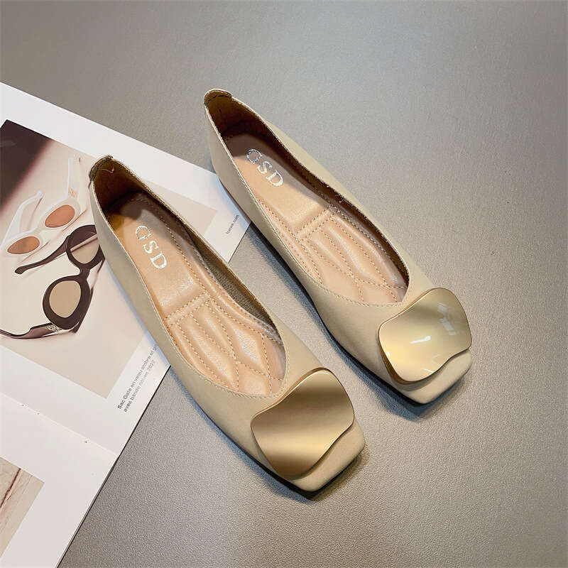 Shallow Mouth Women's Korean Version Spring New Item Metal Buckle Comfortable One Foot Cover Square Toe Flat Single Shoe Soft Sole Bean Shoes