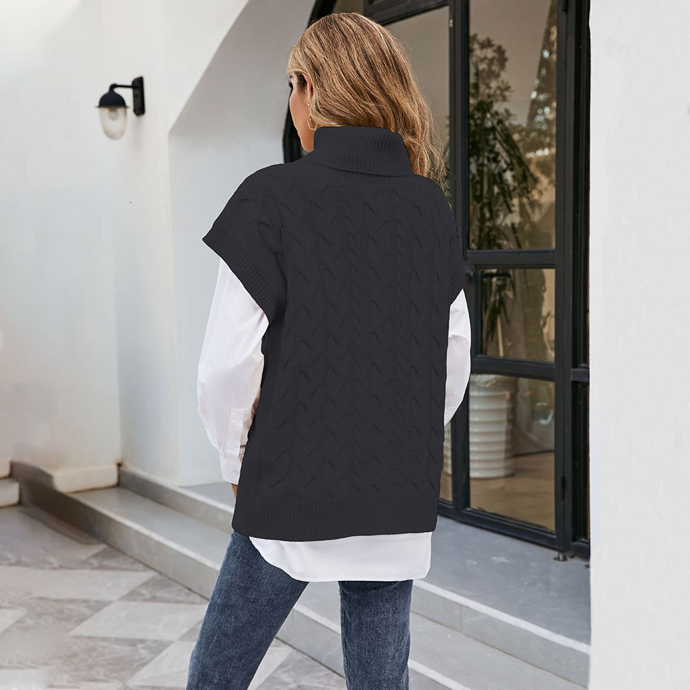 Autumn And Winter Fashionable Sleeveless Button Rope Vest Knitted Loose Pullover High Neck Sweater For Women