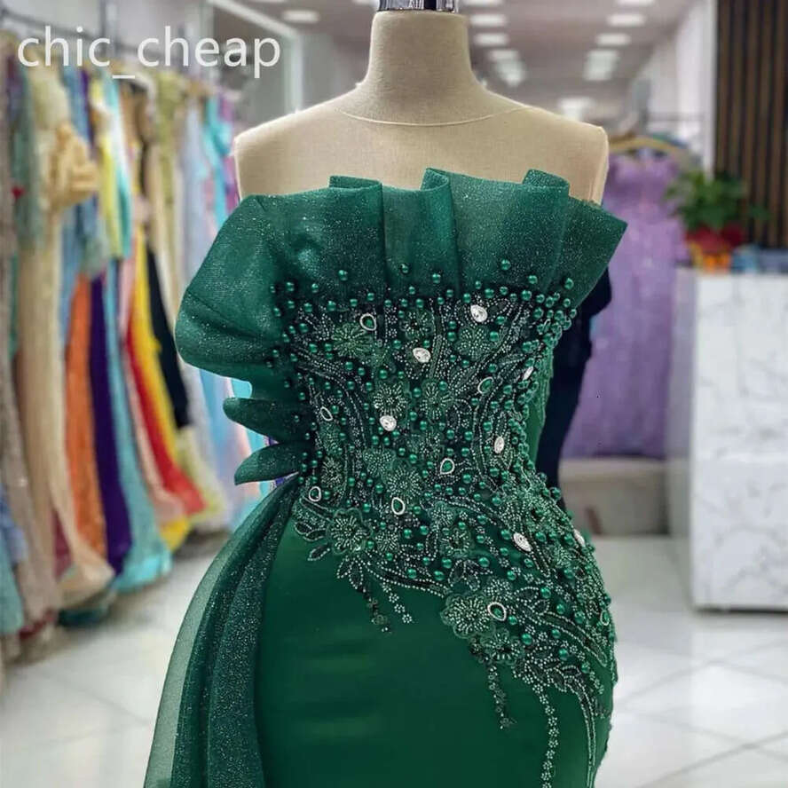 Aso Green Ebi Dark Mermaid Prom Dress Lace Pearls Crystals Evening Formal Party Second Reception Birthday Engagement Gowns Dresses Robe De Soiree Zj E
