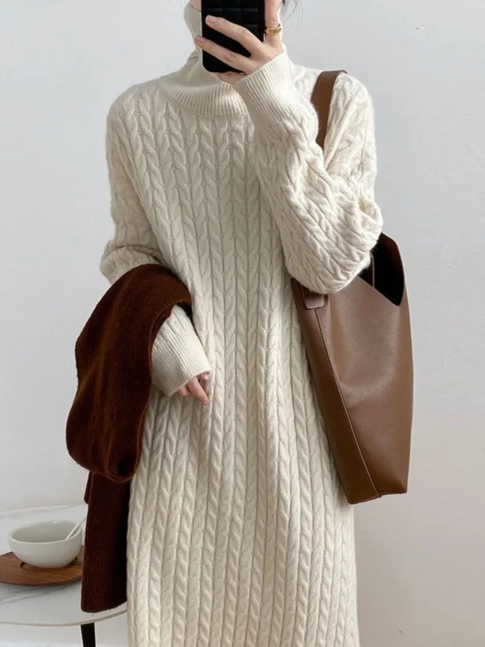 Winter Womens Sweater Dresses Korean Version Casual High Collar Loose Thickened Warm Pullover Long Dress Women Clothes 241021