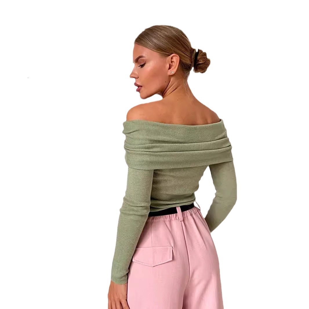 Spring Women's Sexy Slim Fit Solid Color Pullover One Line Neck Long Sleeved Knitwear Vintage Sweater