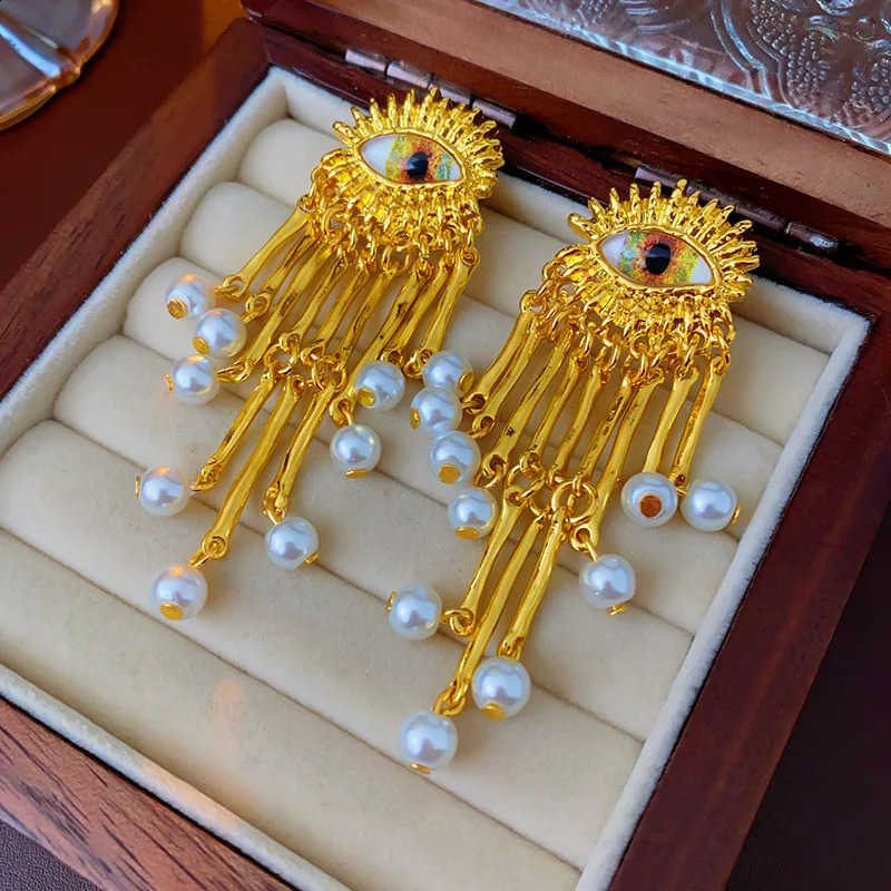 HUANZHI Eye Pearl Long Tassel Drop Earring Y2K Vintage Gold Color Pendant Jewelry For Women Trendy 241105