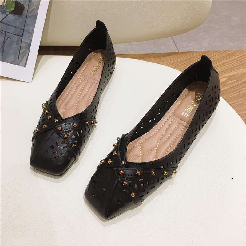 Korean Version Gentle And Versatile Square Toe Shallow Cut Hollow Breathable Sole Flat Heel For Women, Bean Shoes, Summer Soft Soled Ladybird Shoes
