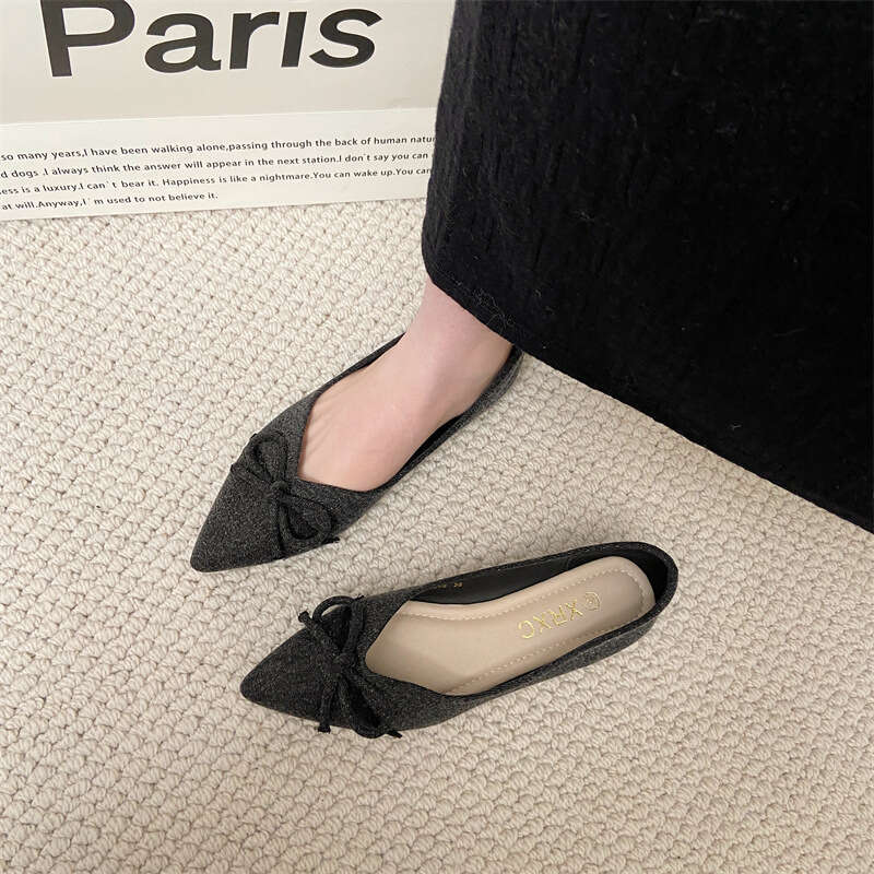 Korean Fashion Bow Soft Sole Single For Women In Spring 2024, New Comfortable Fabric Surface, Shallow Mouth Pointed Flat Bottomed Scoop Shoe
