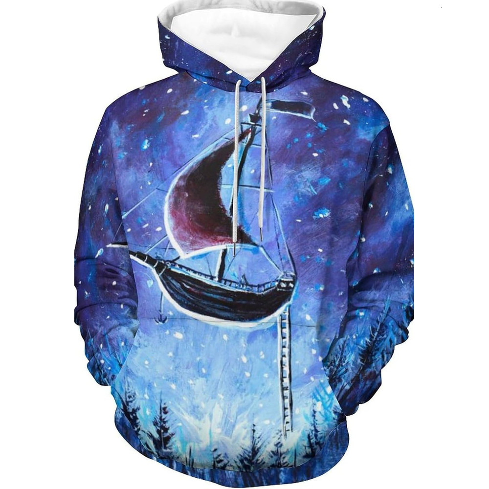 Hoodie for Mens Womens Flying An Old Pirate Ship Hoodies for Men 3D Print Pullover Hooded Drawstring Loose Sweatshirt with Big Pockets Graphic