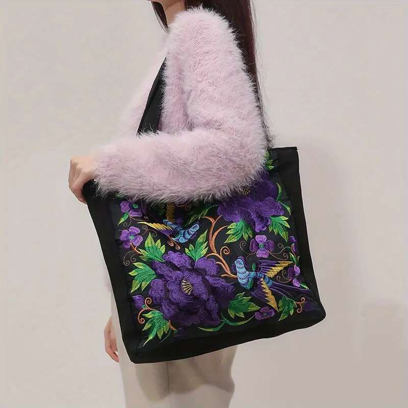Designer Bag Ethnic Style Flower Embroidery Canvas Tote Shoulder Bag Large Capacity Handbag For Women
