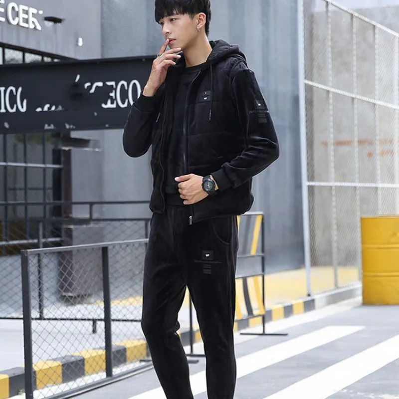 Winter Mens 3pcs Velvet Tracksuit Hoddie Vest Coat Sweatshirt Pants Suits Casual Joggers Fitness Sets Fashion Warm Track Suit 241105