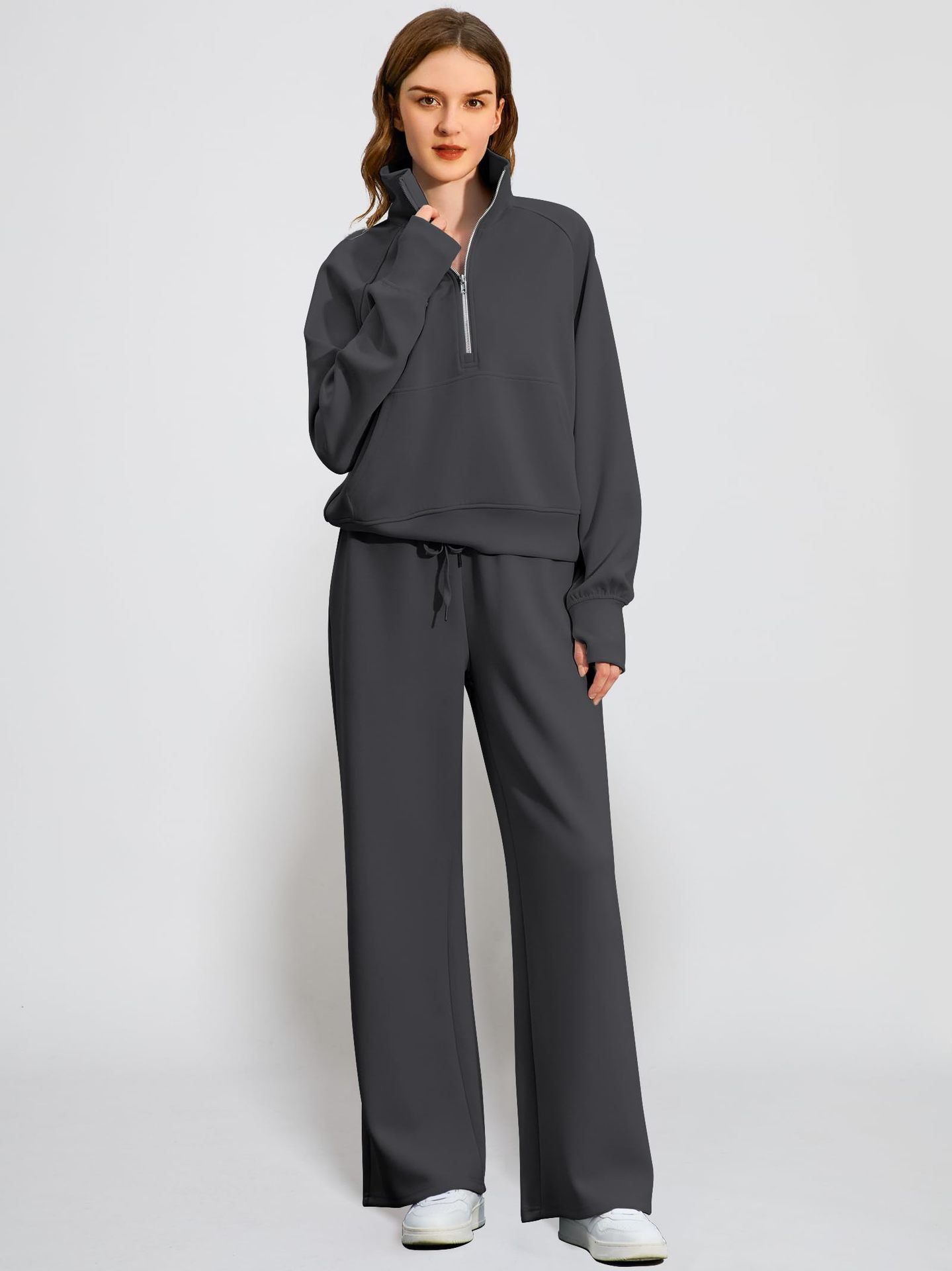 2025--Oversized Women's 3D Half-Zip Sweatshirt and Wide-Leg Sweatpants - Comfortable Two-Piece Set