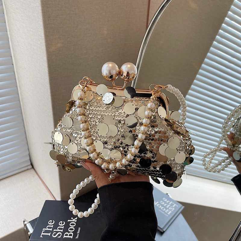 womens pearl chain bag niche sequin bag casual street shoulder cross body bag trend armpit bag 241105