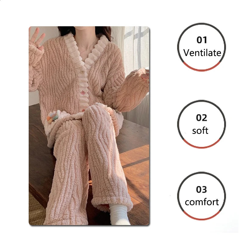 Thickened Warm Flannel Women Sleepwear Loungewear Cardigan Suit Winter Sweet Kawaii Soft Fairy Wind Ladies Pajamas Homewear 241105