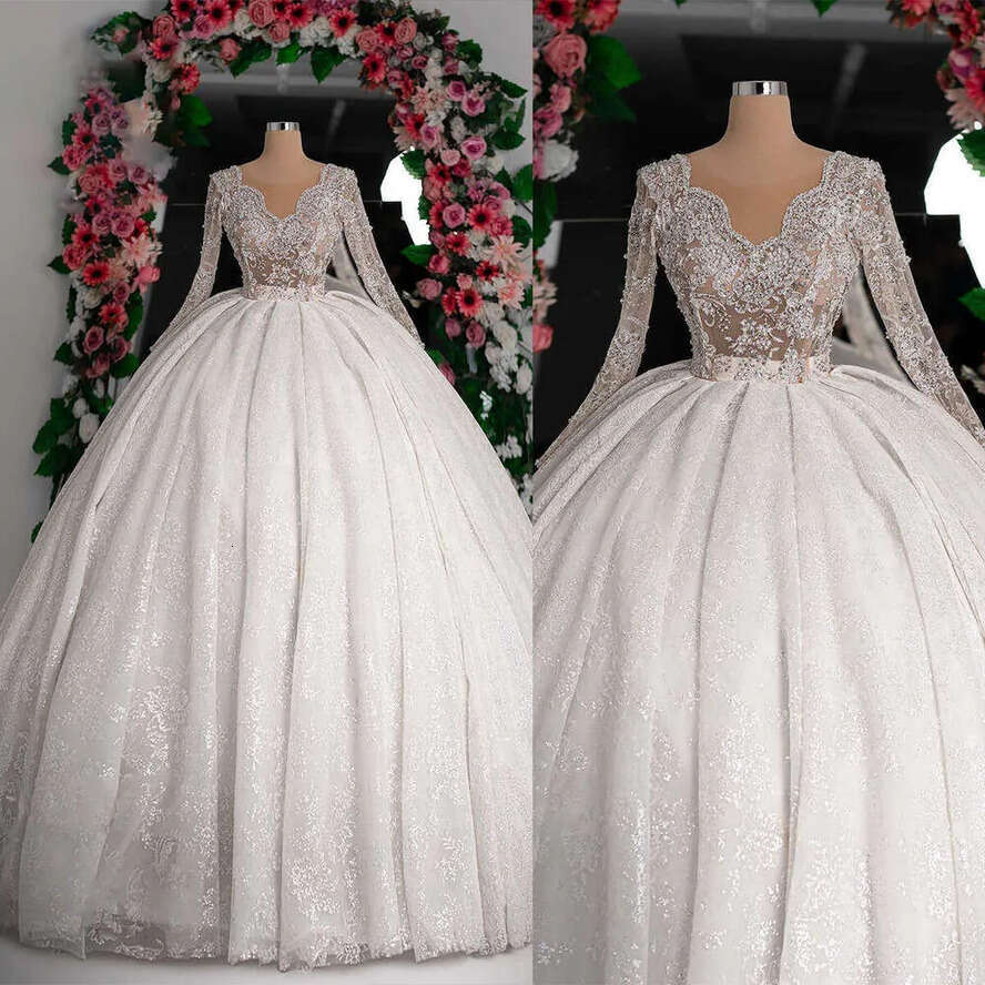 Wedding Elegant Dress Ball Gown O Neck Sequined Crystal Ruched Long Sleeve Or Length Bride Vestido De Noiva Custom Made