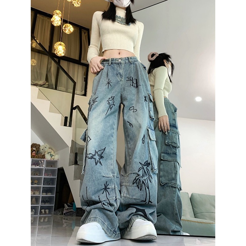 QWEEK Y2k Oversized Vintage Cargo Jeans Woman Hippie Streetwear Haruku Denim Pants Baggy Korean Fashion Trousers Aesthetic