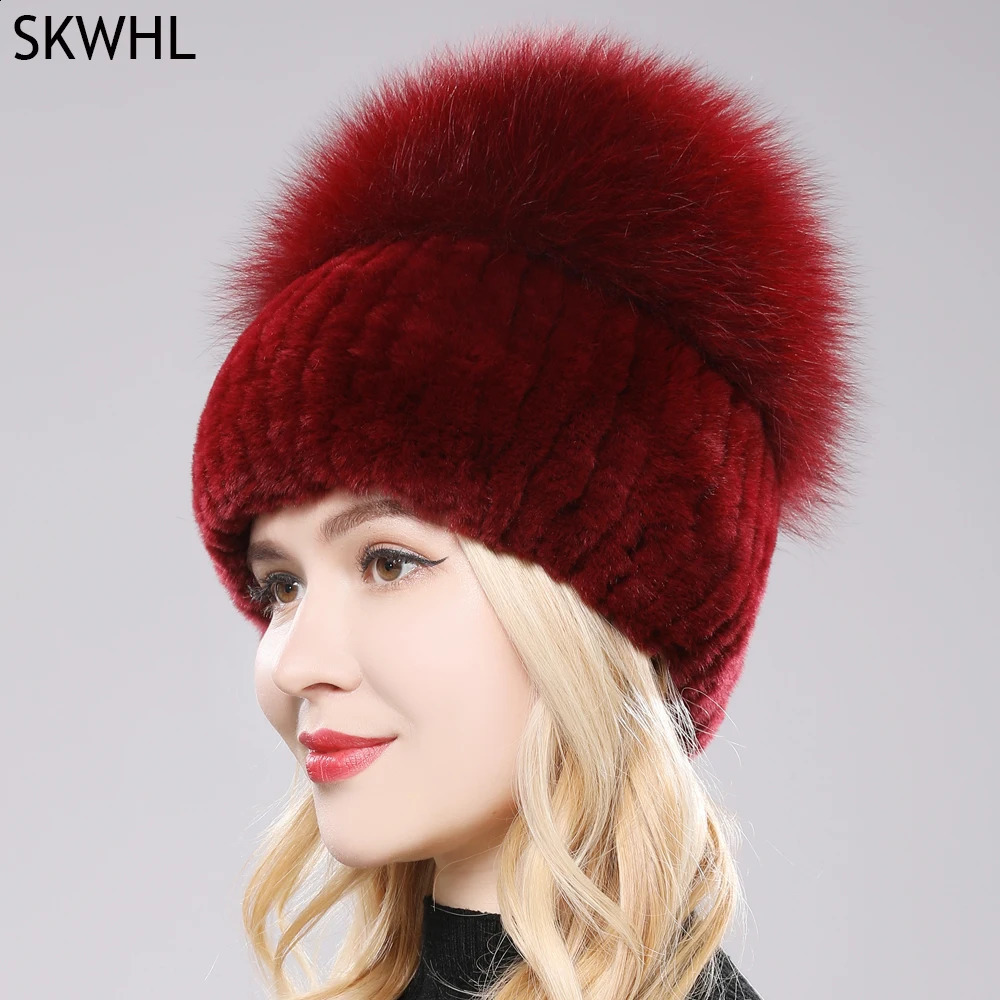Females Hat Good Elastic Natural Fluffy Real Fox Fur Winter Women Knitted Rex Rabbit Hats Lady Cap 241105