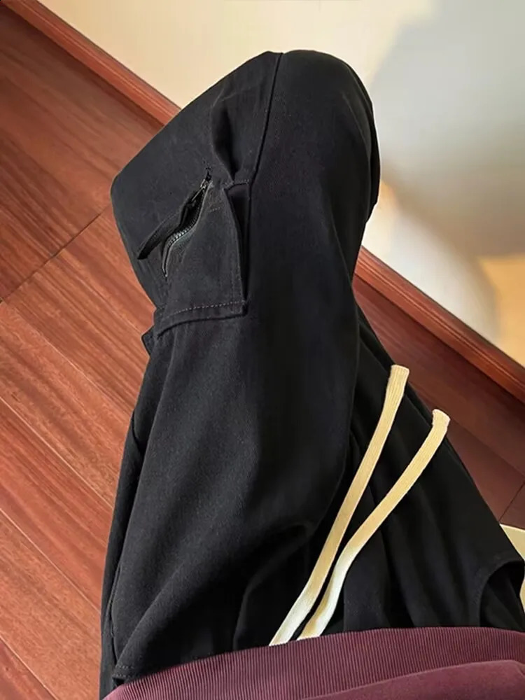 Black Cargo Pants Men Fashion Pocket Casual Korean Style Streetwear Hip Hop Loose Straight Mens Trousers 241105