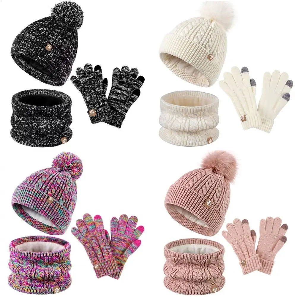 Leisure Knitted Childrens Winter Hat Glove Scarf Set Warm Neck Warm Girl Beanie Hat with Pom Cold Weather 241105