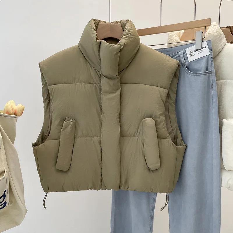 Womens pure cotton vest autumn and winter stand collar thick loose short sleeved pure cotton vest jacket trend 241105