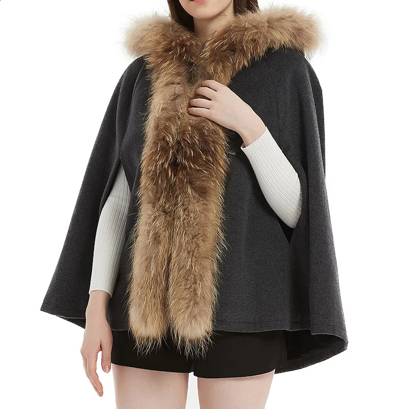 MAOMAOKONG Winter Natural Real Raccoon Collar Woolen Cloak Coat Poncho Women Shawl Female Clothing Capes Jackets 241105