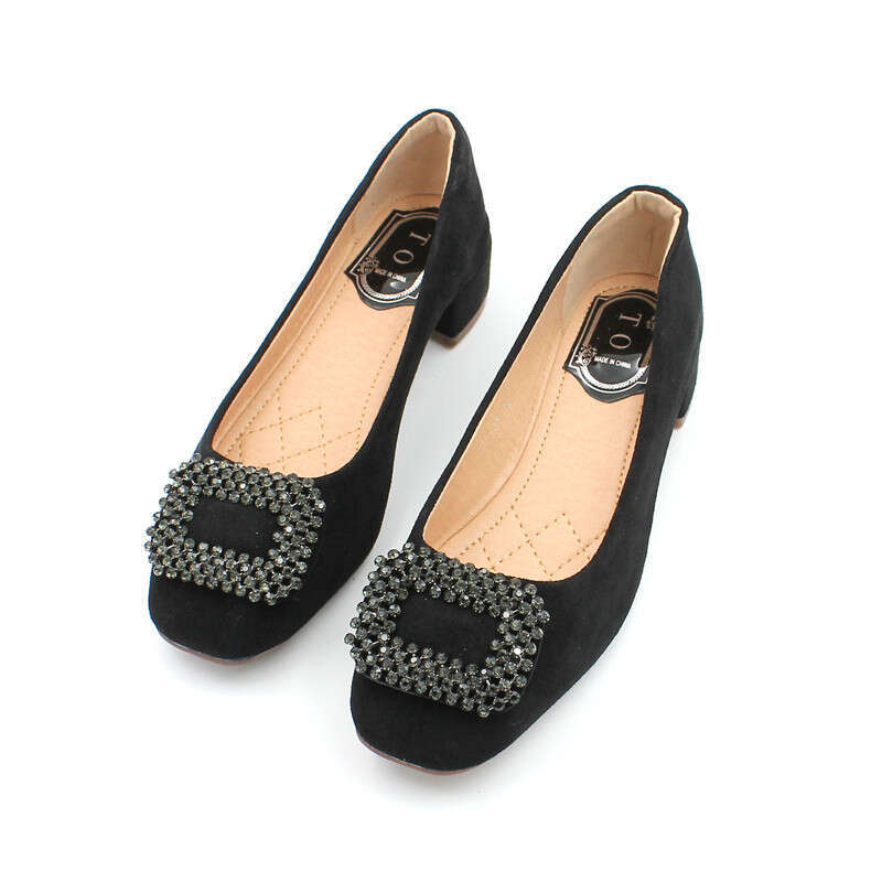 2023 Autumn New Versatile Water Diamond Suede Square Head Shallow Mouth Coarse Custom Scoop Low Middle Heel Women's Shoes