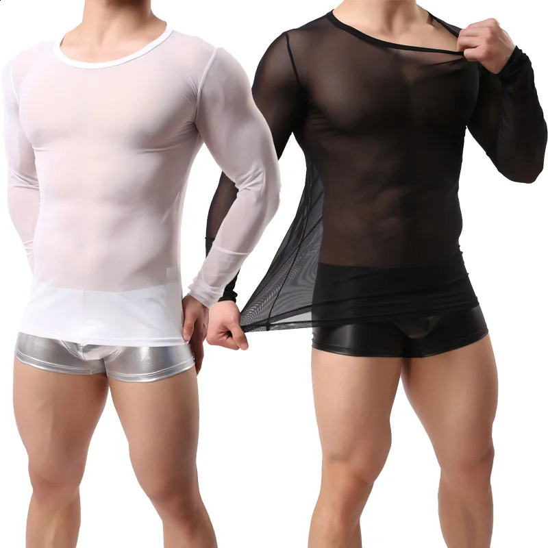 CLEVERMENMODE Mens Sexy TShirts Mesh Tee Shirt Undershirt Homme Long Sleeves Men T Shirts Male Transparent See through 241105