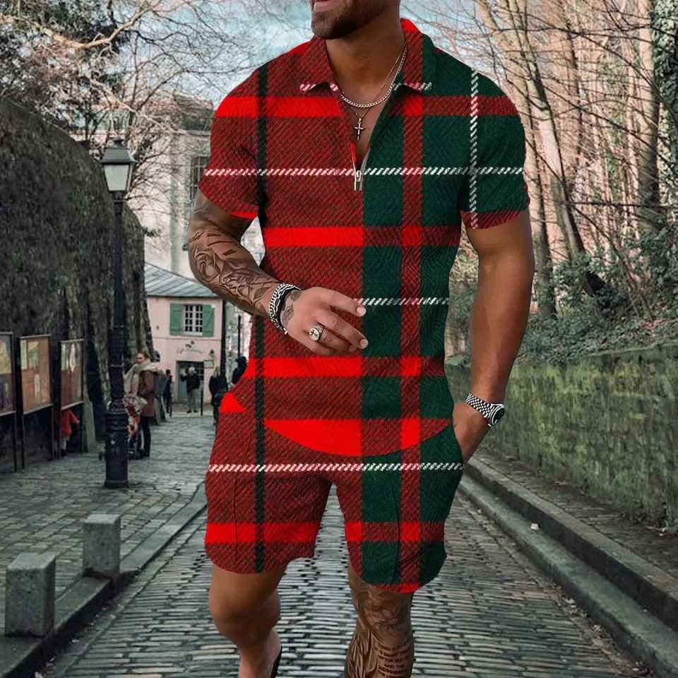 Flower and plant 3D printing summer mens sportswear set casual zipper collar shirt and shorts 2-piece set holiday style clothing W241104