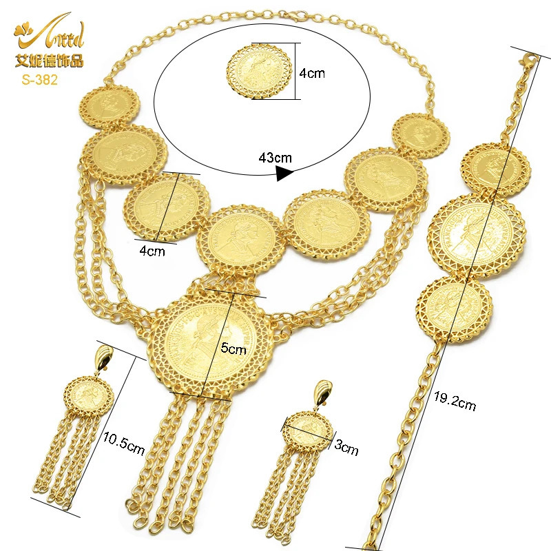 ANIID India Gold Coin Tassel Pendant Necklace Jewelry Set Dubai Party Bridal Wedding Fashion Necklace Set Gift241105