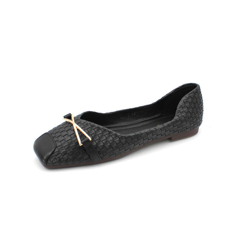 2023 Autumn New Soft Versatile Square Head Shallow Mouth Single For Grandma, Fashionable Woven Flat Bottom Women's Shoes