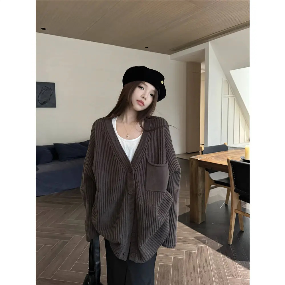 Loose knit cardigan wool sweater womens casual top 241105