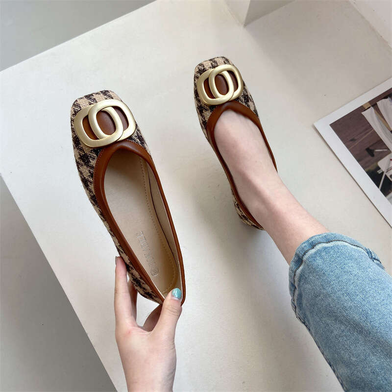 2023 New Korean Version Thousand Bird Grid Shallow Mouth Square Head Flat Single For Women, Metal Buckle Versatile Soft Bottom Thick Heel Scooter Shoe