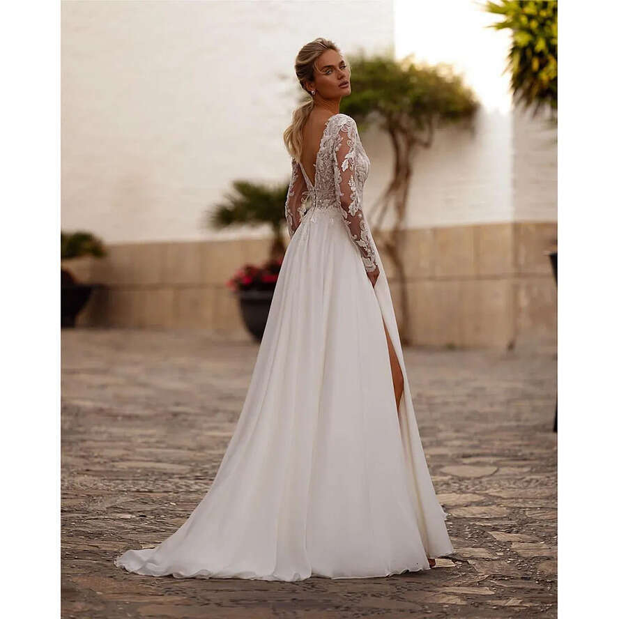 Sleeve Chiffon Long Ae Wedding Dress For Women Open Back Lace Boho V Neck Bridal Gown Robe De Soiree Mariage