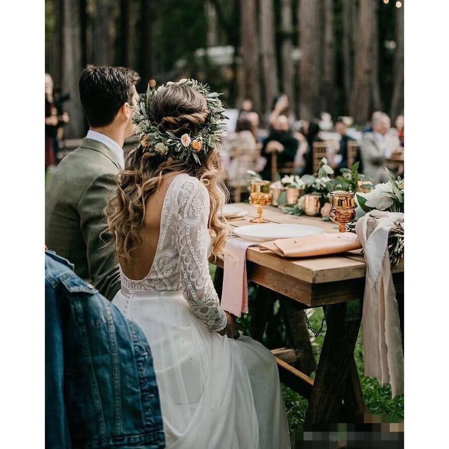 Boho Sexy Backless Dresses A E Long Sleeves Scoop Neck Chiffon Sweep Train Country Beach Wedding Gown Vestido De Novia