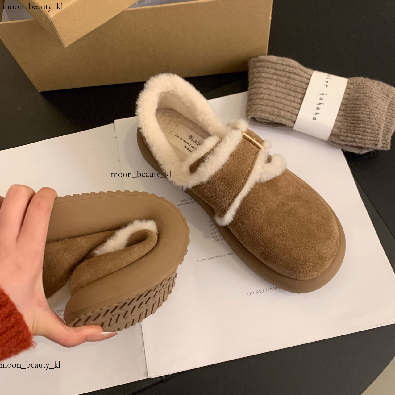 Matte Leather Thick Soled Brown Velvet Boken Shoes, Autumn And Winter Snow Shoes, Snow Boots, Cotton Shoes For Women, Wearing Fur Shoes On The Outside
