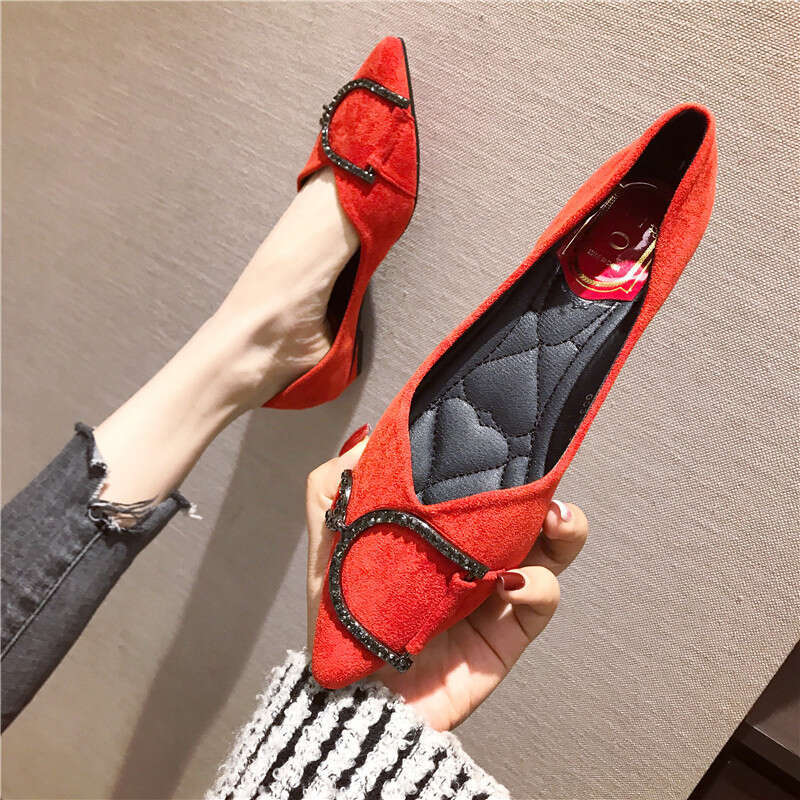 2023 Autumn Fashion Versatile Pointed Shallow Mouth Water Diamond Button Flat Follow For Women 2Cm Black Suede Scoop Shoes