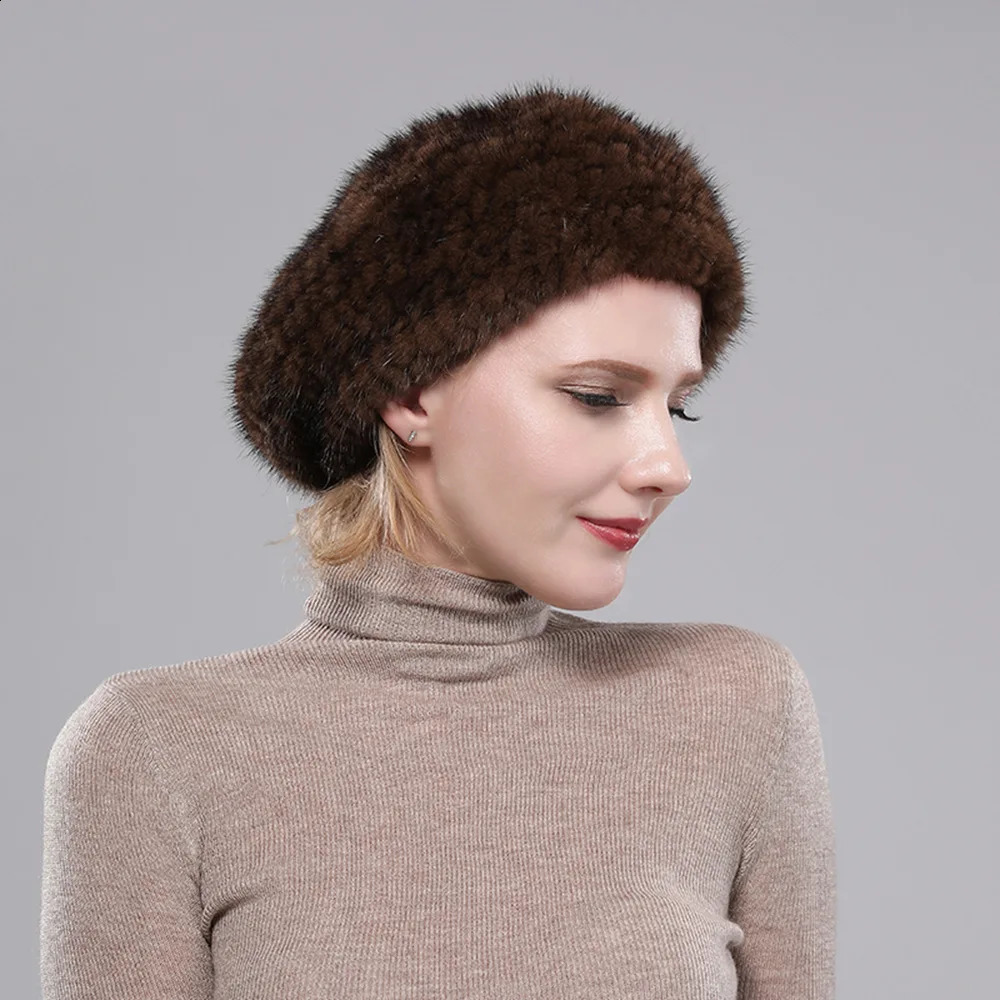 Real Mink Fur Berets Elegant Womens Winter Caps n Fashion Hats Knitted Warm Natural Beanies Hat 241105