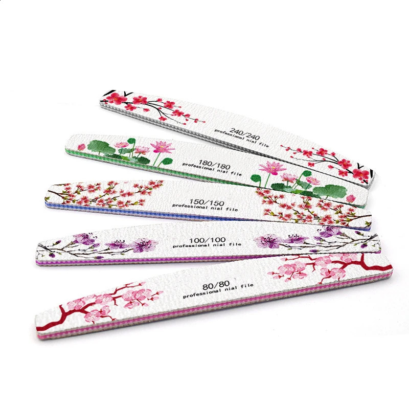 50 Pcs 80-240 Grit Half Moon Nail File Flower Print Washable Manicure Files Buffer Professional Gel Polish Pedicure Tools 241105