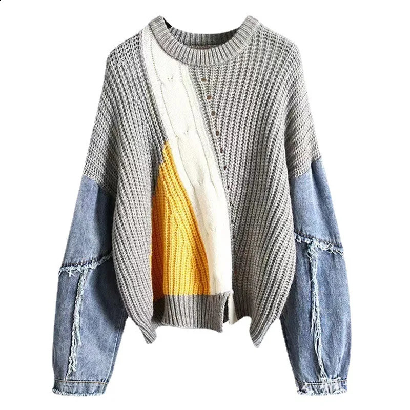 autumn Witner denim patch work sweater for womens fashion O-neck zipper womens long sleeved knitted top jumper 241105