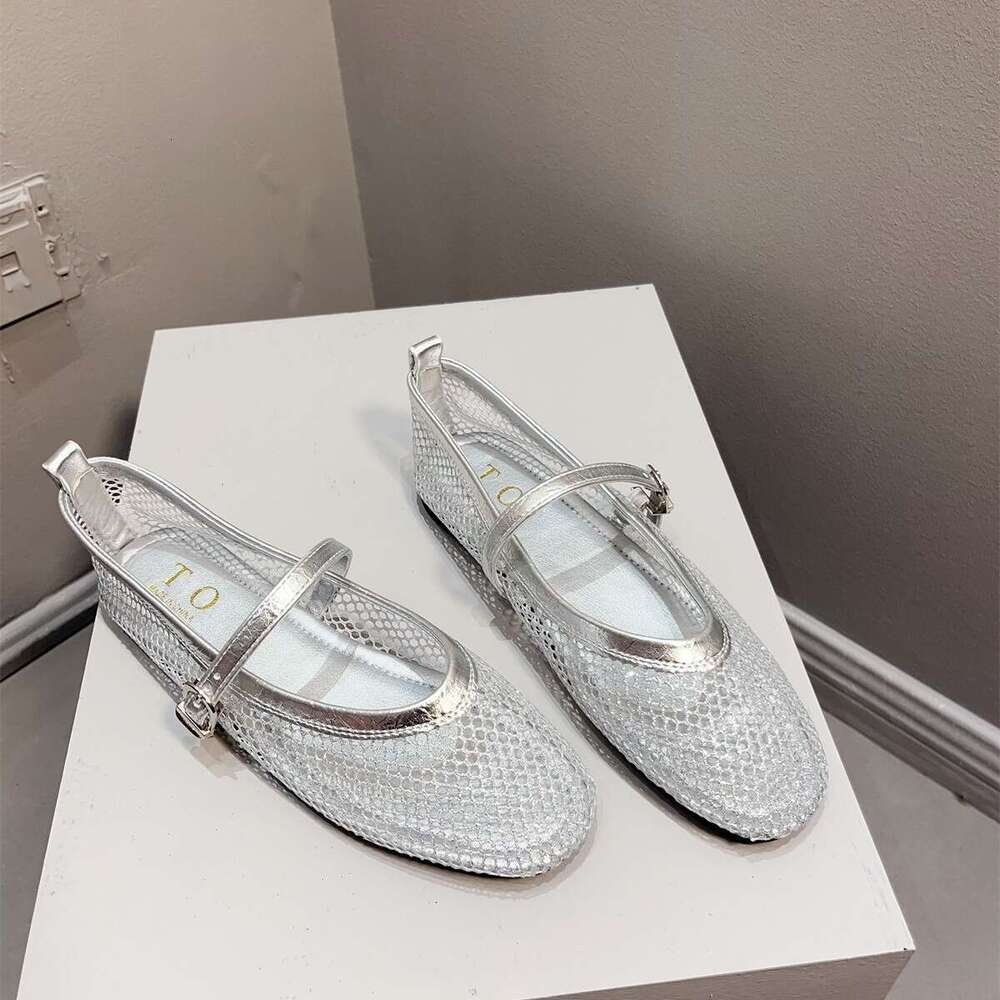 French Silver Mary Jane Shoes Women's Korean Version New Summer Flat Sole Single Shoe Shallow Mouth Mesh With Skirt Hollow Sandals