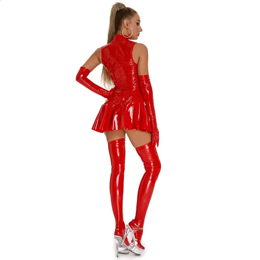 Women Sexy Glossy PVC Leather Slip Dress Lady Erotic Shaping Pleated Short Zipper Porn Breast Exposing Latex Mini 241105