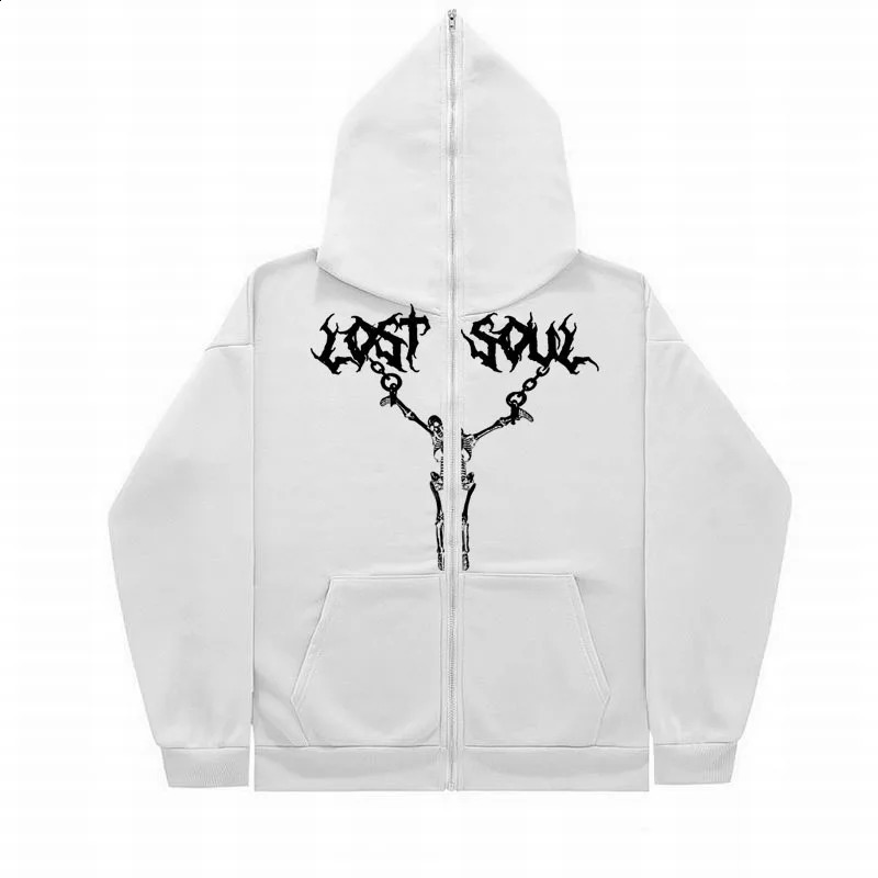 2024 Cross border Full Face Zipper Sweater American Retro Y2K Top Skull Iron Rope Printed Hoodie Coat 241105