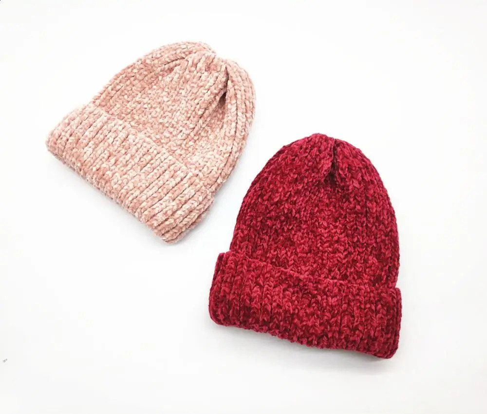 Girl casual cotton thick warm knitting beanies cap Winter Lady women chenille hat Knitted Skullies gorros 241105