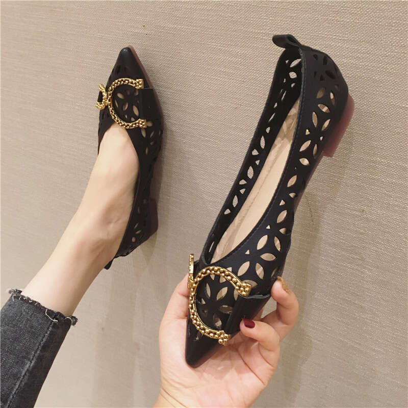 Korean Style Fashionable Versatile Metal Buckle Pointed Shallow Mouth Hollow Flat Bottom Single Order Grandma Breathable Scoop Shoes For Women