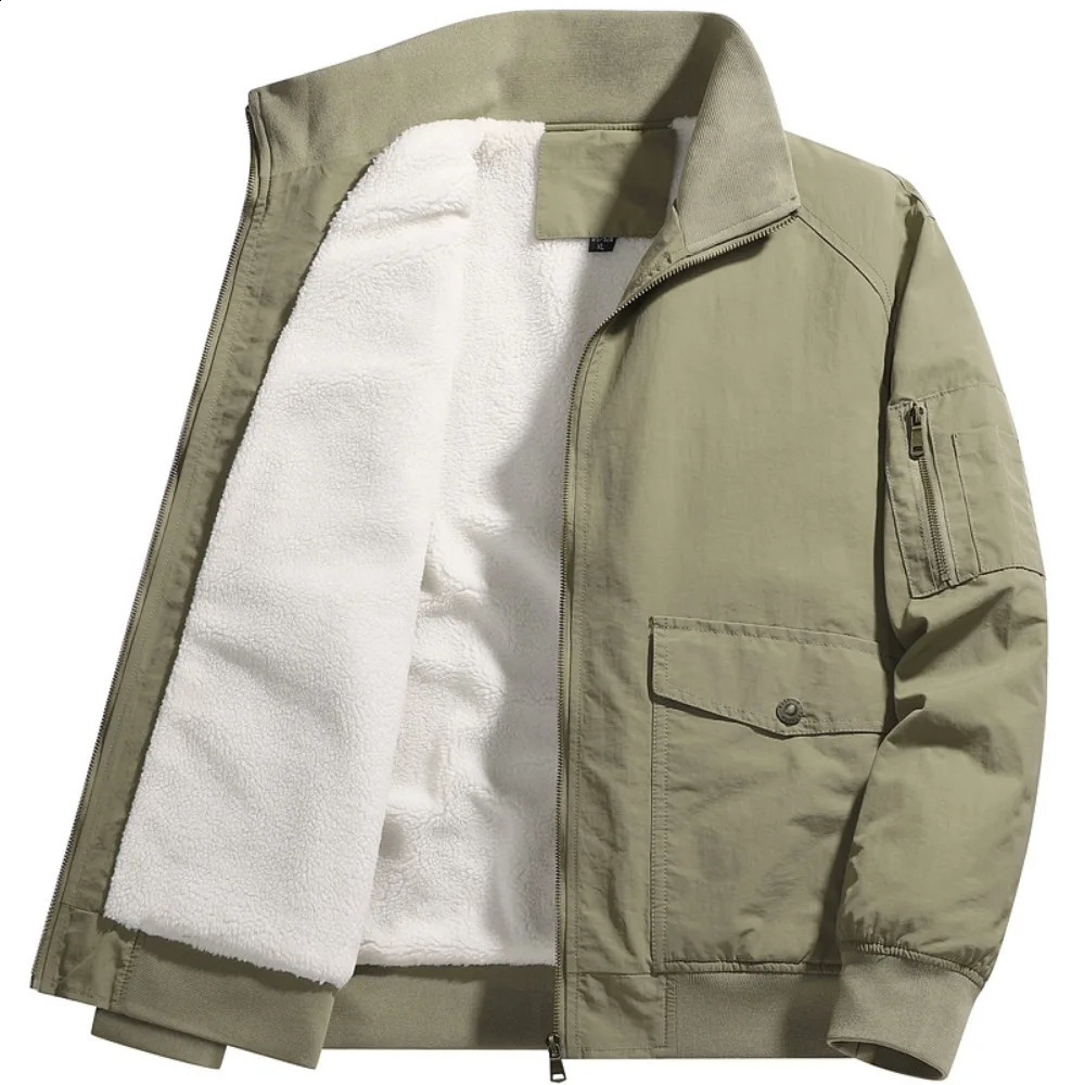 Winter Fleece Lined Turndown Collar Jackets Mens Sherpa Trucker Parka Green Work Cargo Coats Clothes Overcoats 241105
