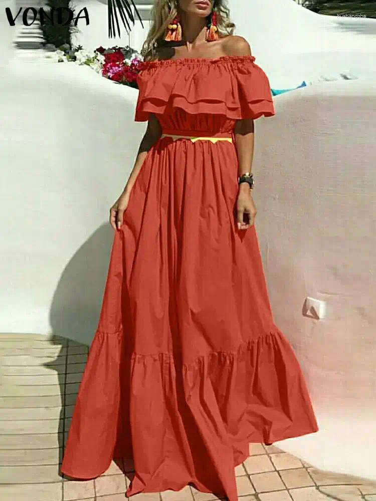 Casual Dresses VONDA Bohemian Women Off Shoulder Maxi Sundress Summer Long Dress 2024 Sexy Short Sleeve Ruffled Robe Party Solid Vestido