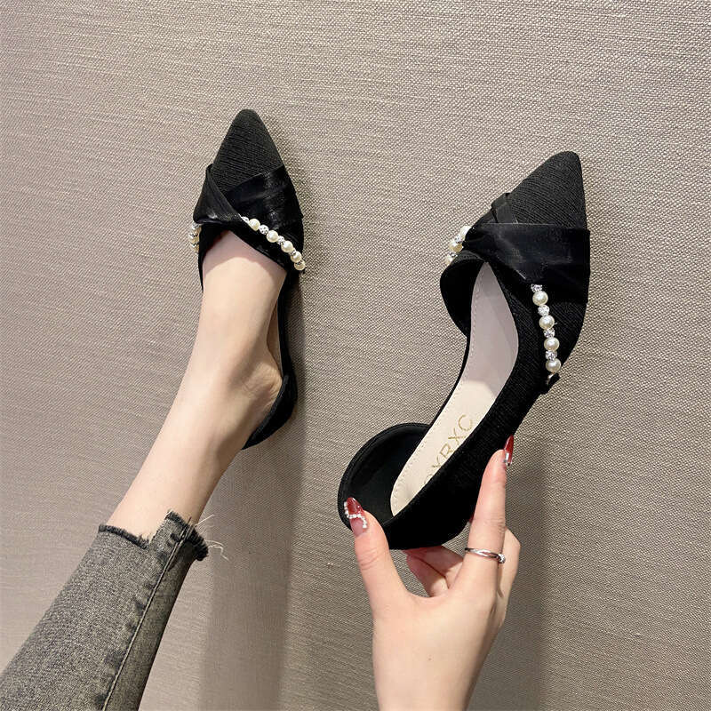Pearl Decorated Pointed Single For Women, Korean Version, Spring And Summer New Fairy Style, Shallow Mouth Scoop Shoes, Fabric Side Empty Flat Shoes