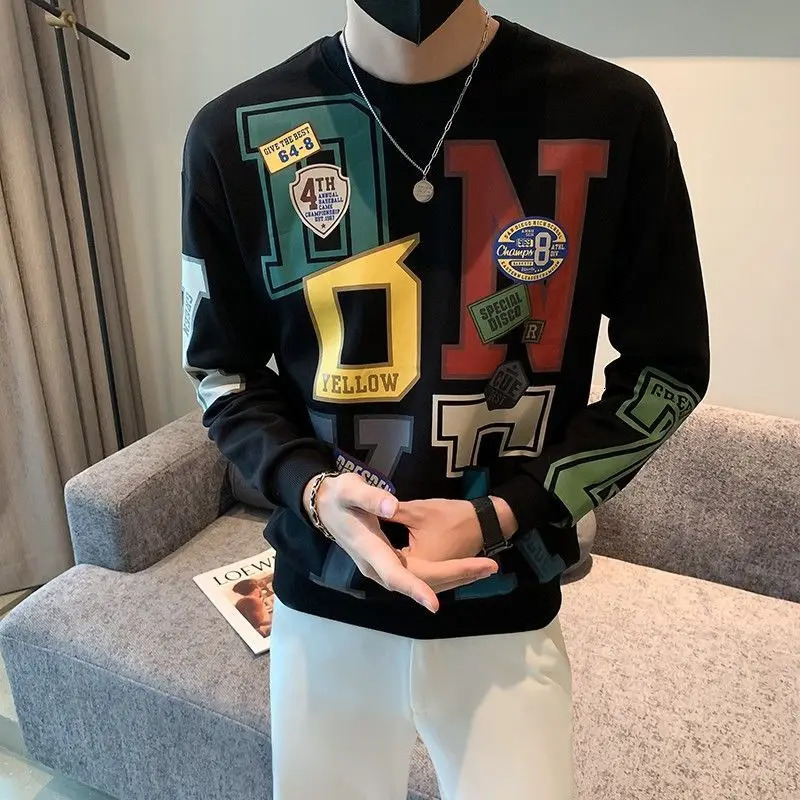 Fashion O-Neck Loose Printed Letter Sweatshirts Mens Clothing Autumn Winter Oversized Korean Tops Casual Sweatshirts 241104