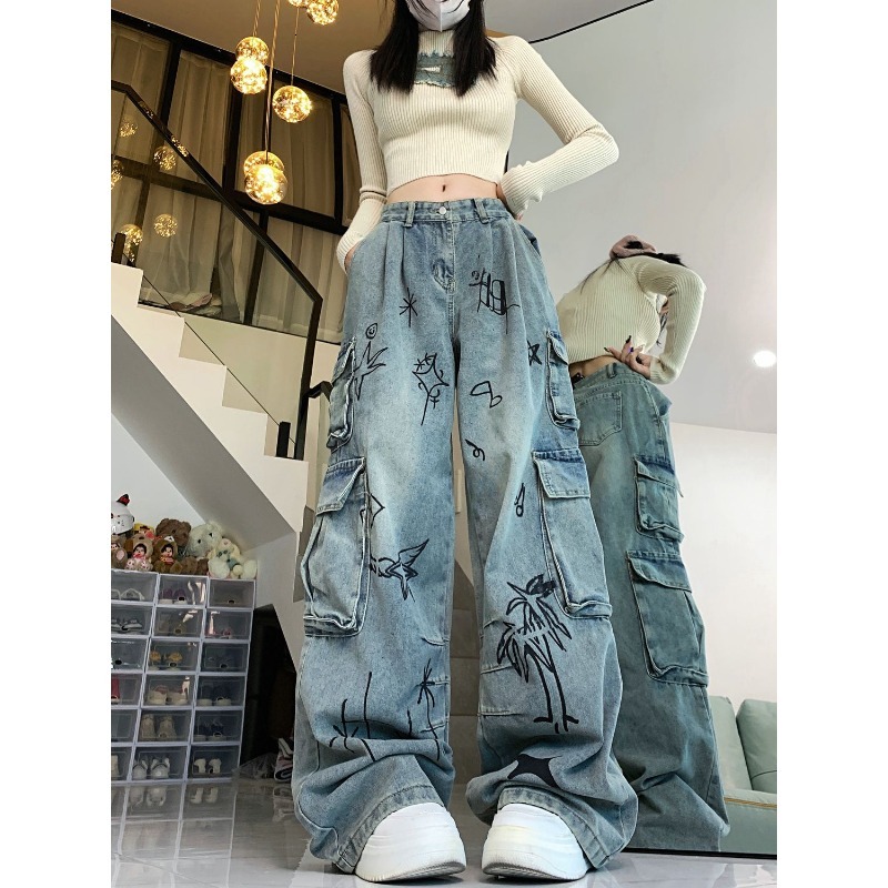QWEEK Y2k Oversized Vintage Cargo Jeans Woman Hippie Streetwear Haruku Denim Pants Baggy Korean Fashion Trousers Aesthetic