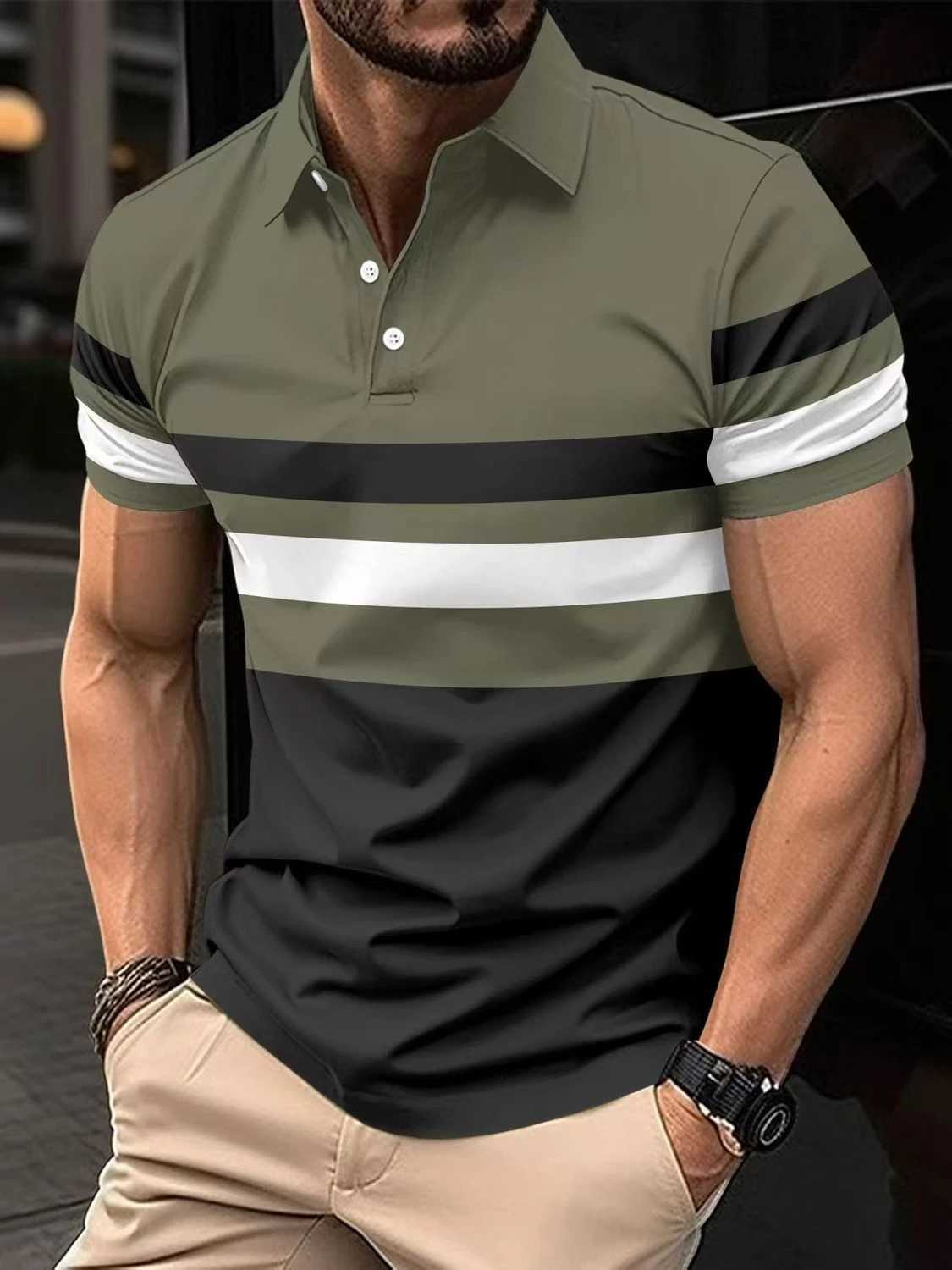 New high-quality summer mens shirt zipper fashion casual business T-shirt sports breathable top striped printing W241104