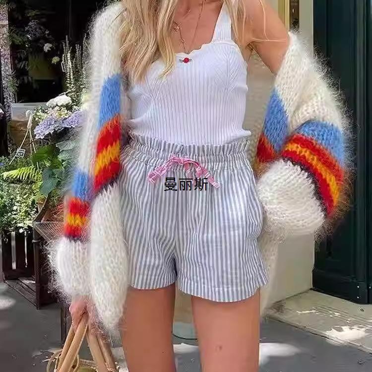 Rainbow Striped Short Versatile Yarn Knit Loose And Lazy Cardigan Jacket For Women Wearing Sweaters Outside