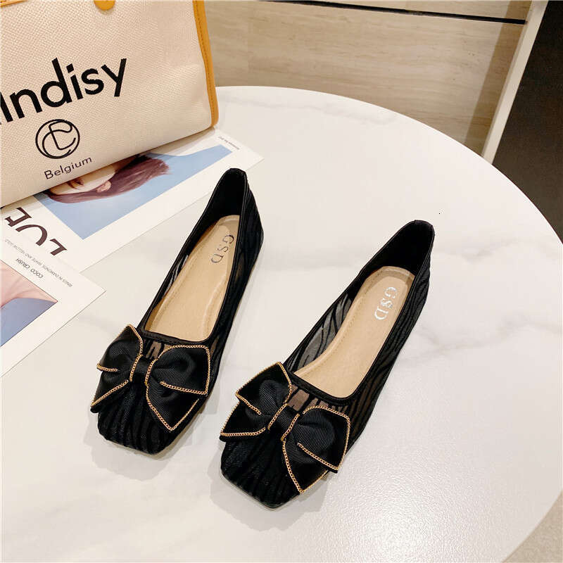 Spring And Autumn Mesh Adhesive Super Fiber Daily Black Low Top Square Head Heel Solid Color Flat Bottom Shoes