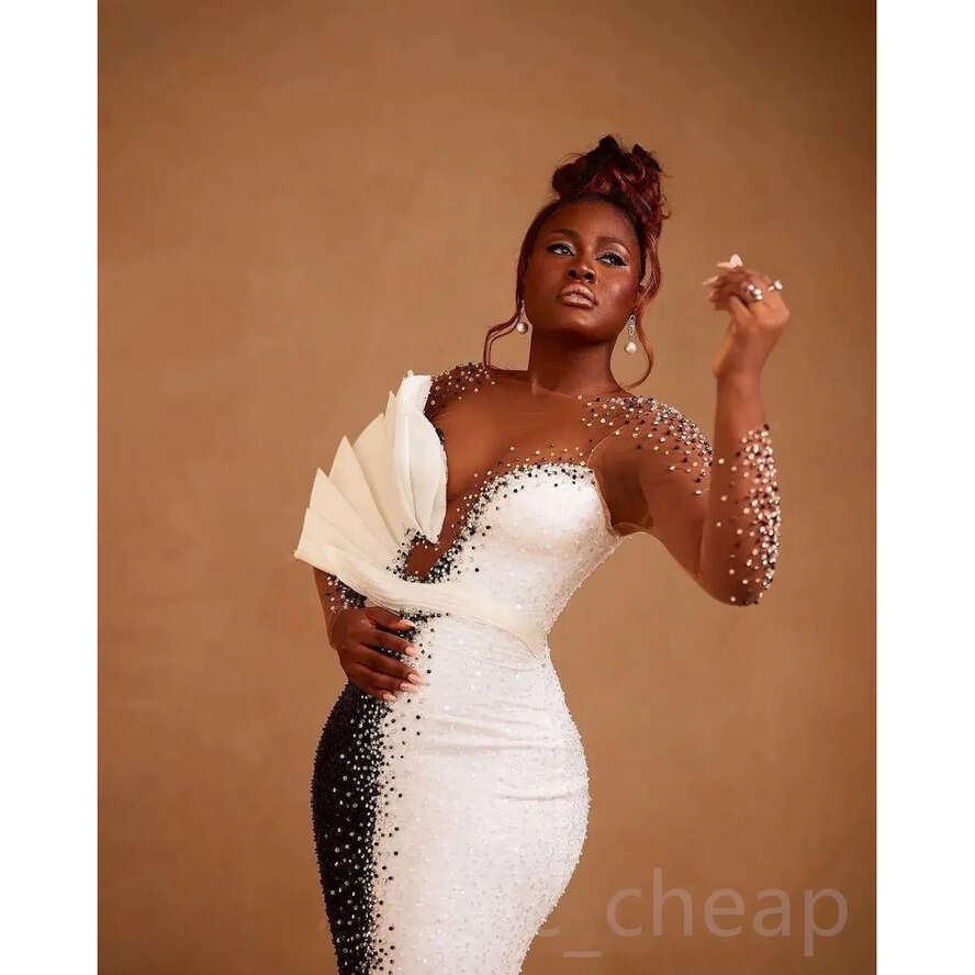 Aso AMVCA Ebi Urious Mermaid Prom Beaded Black White Evening Formal Party Second Reception Birthday Engagement Gowns Dress Robe De Soiree ZJ